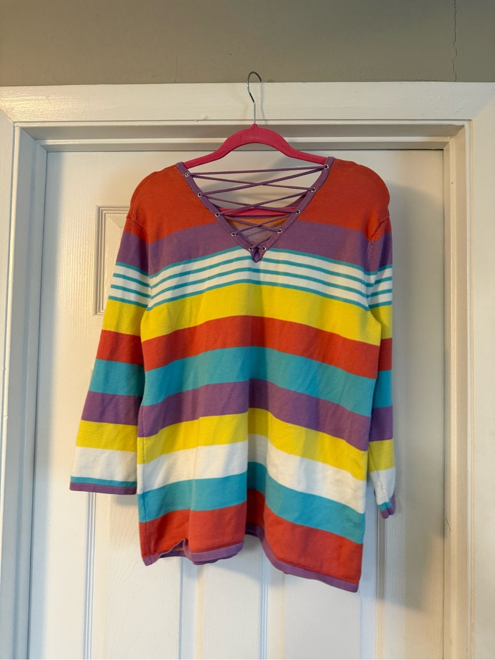 Investments Multi-Stripe Lace-Up V-Neck Women’s Top - Colorful Stripes